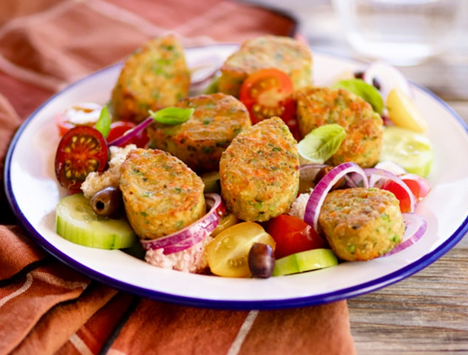 Garden vegetable veggie drops with Tuscan bread salad